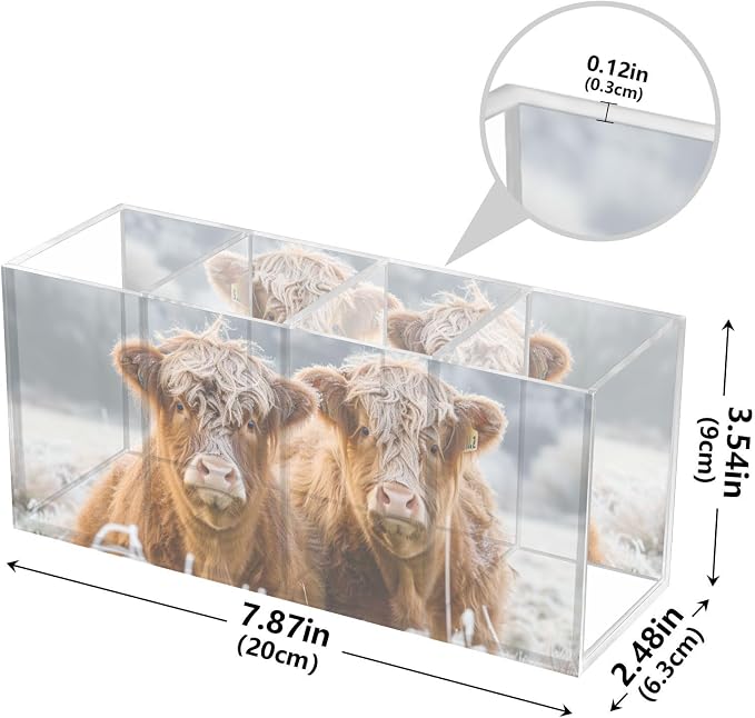 Cattle Highland Cow Acrylic Pen Holder 4 Compartments with Prints, Desktop Makeup Brush Organizer Cutlery Acrylic Organizer Pencil Plastic Organizer Personalized Printed Pen Holder