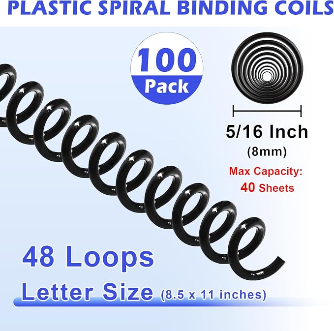 TOTiyea 100 Pack Spiral Binding Coils,8mm,4:1 Pitch 40 Sheet Capacity | Spiral binding coils,Black,can be used with letter size (8.5x11") or A4 size paper (8.3x11.7"),bound projects can lay flat