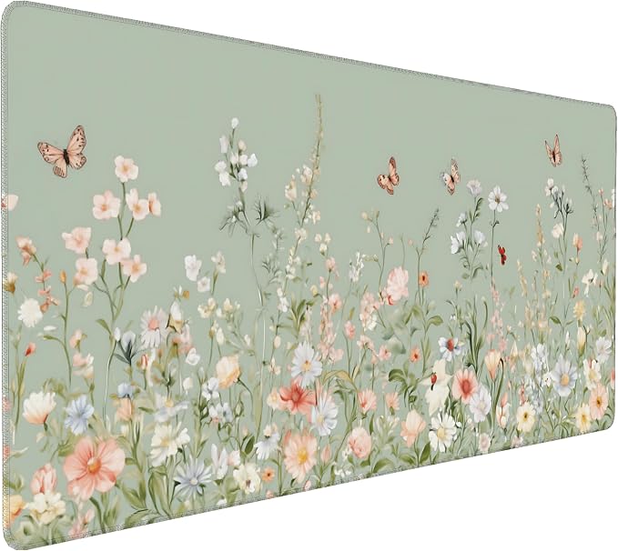 Cute Floral Aesthetic Wildflower Gaming Mouse Pad, Sky Blue Macaron Desk Mat with Anti-Slip Base & Stitched Edges, Computer Keyboard & Laptop Pad, 35.4" x 15.7" in in Workstation Accessories