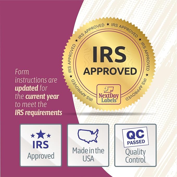 NextDayLabels - W-2 4-Up Employee Tax Forms, Instructions on Back" for 2025, for Laser/Inkjet Printer. Compatible with QuickBooks and Accounting Software ETC. (Pack of 25 Sheets & Self Seal Envelopes)