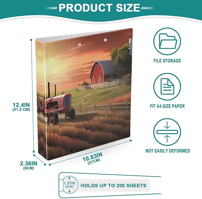 SPRIPORT Farmhouse Sunset House Tractor 1.5 Inch 3 Ring Binder Holds 200 Sheets for Office Supplies Durable PVC Round Ring Binder with Interior Clear Pockets Binder Organizer for Man Woman Home Work