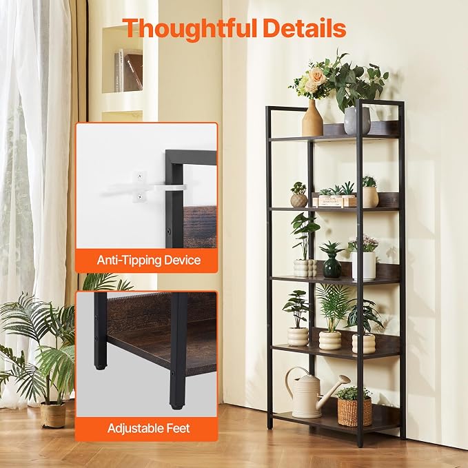 VEVOR Metal Bookshelf, 5-Tier Tall Industrial Bookshelf, Rustic Display Vintage Storage Bookcase with Open Shelves, Freestanding Display Shelving Unit Storage Rack, for Living Room, Bedroom & Office
