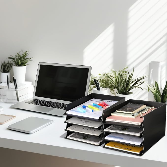 8 Pcs Stackable Paper Trays Rectangular Plastic Desk Holder Desktop Document File Organizer Storage Letter for Office Classroom (Black)