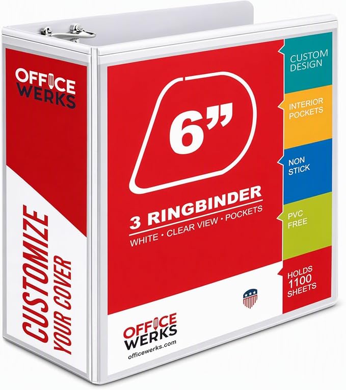 3 Ring Binders, 6 Inch D Ring Heavy Duty Large Binder with Pockets for 8.5" x 11" Sheet Size, Durable Non-Stick Customizable Clear View Cover (White)