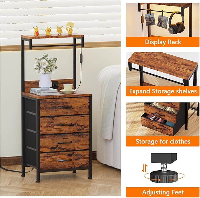 Night Stand Set 2, 38" Tall Bedside Table with Charging Station | RGB LED Lights, Storage Wood Shelves & 4 Fabric Drawers, Metal Frame, Easy Assembly for Bedroom Dorm Hallway