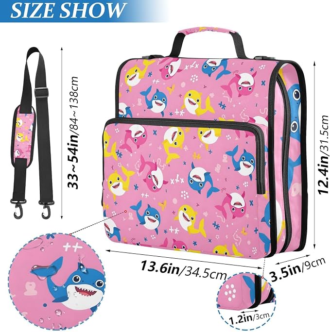 3 Ring Zipper Binder with Shoulder Strap Shark Cartoon Pink 2 Inch Zippered Binder Bag 500 Sheet Capacity Multi Pockets for School Supplies