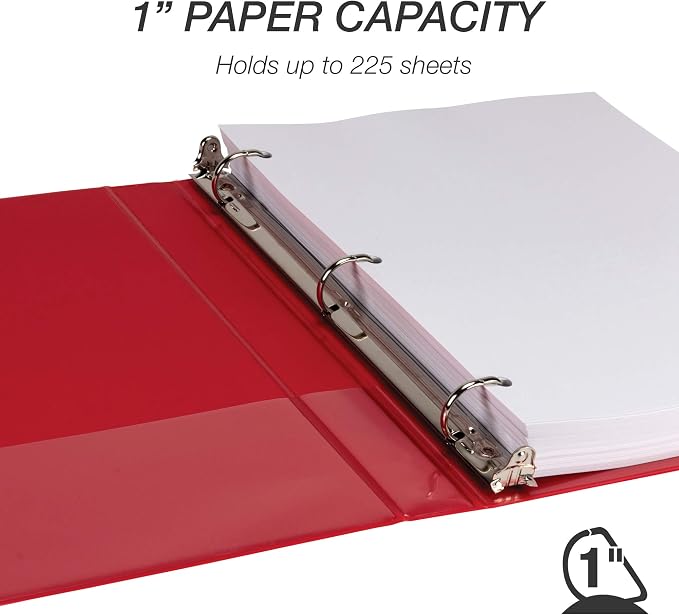 Samsill Durable 1 inch 3 Ring Binder, D Ring Binder, 100% Recycled Chipboard, Red, 12 Pack