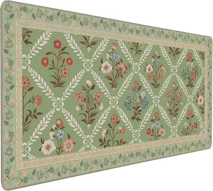 XXL Large Floral Mouse Pad - Sage Green Flower Desk Mat with Stitched Edges & Anti-Slip Base, Computer Keyboard Mat for Office & Home, Desk Decor for Women