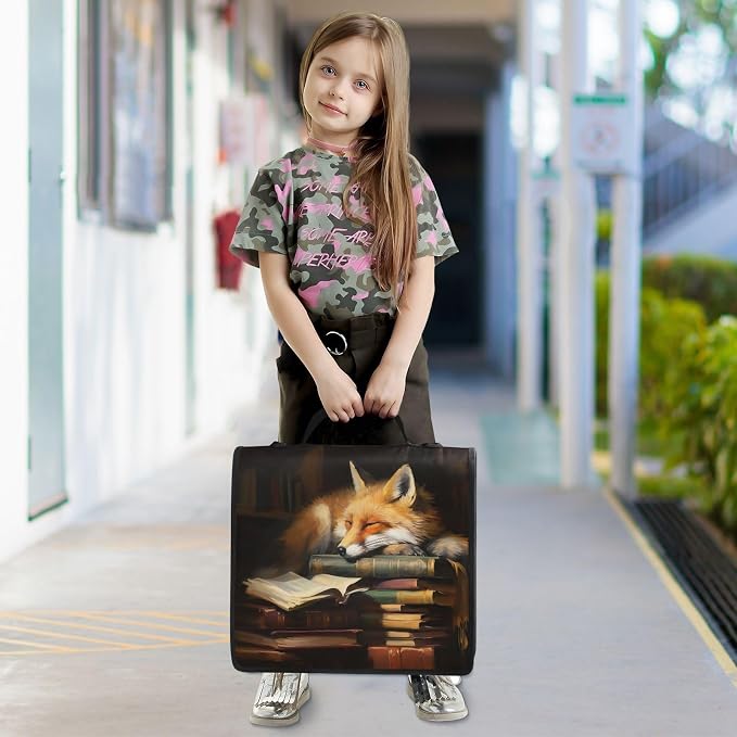 Fox Cartoon Print Zipper Binder Bag 3 Ring with Shoulder Strap & Handle Multi Pocket Binder Organizer Bag Large Capacity for School Office Supplies