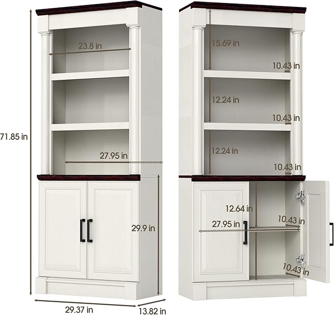 72" Roman Column Bookcase with Double Door Cabinet, 5 Tiers Tall Bookshelf Shelves Storage and Anti Tip Kit, Classic American European Modern Multi Style Design for Living Room Study Office, White
