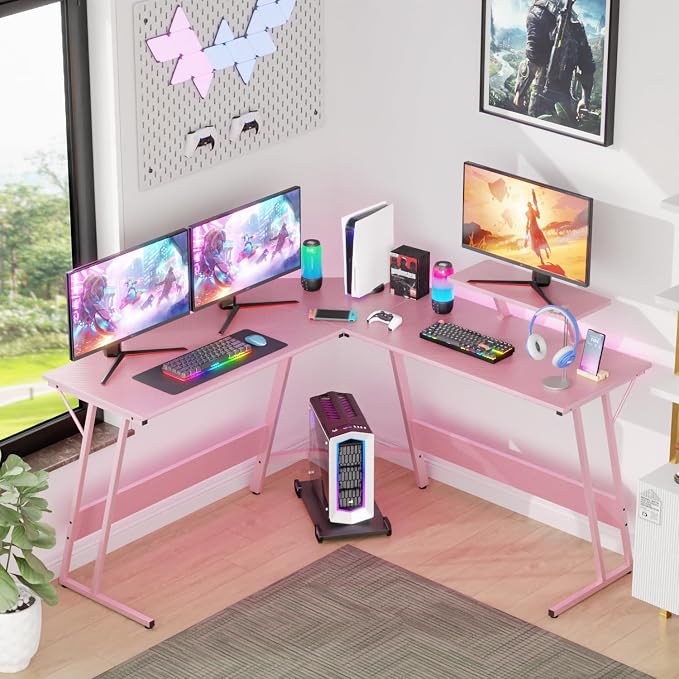 FDW L Shaped 51 Inch Gaming Desk,Corner Computer Desk,PC Gaming Desk,Writing Workstation with Large Monitor Stand for Home Office,Pink