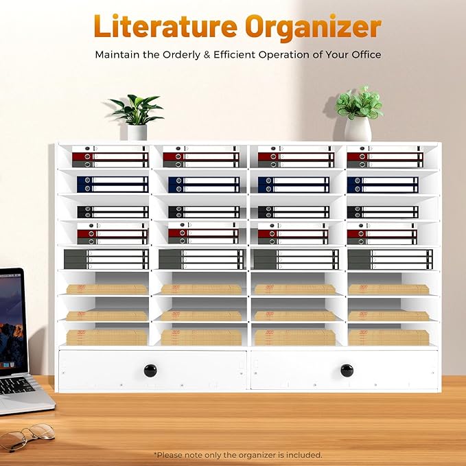 SHIECAMASIC Literature Organizer, 32 Compartments Office Mailbox with 2 Drawers & Adjustable Shelves, Durable Desktop File Sorter for Home, Office and School (White)