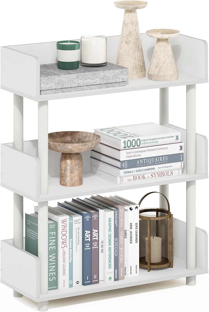 Furinno Turn-N-Tube 3-Tier Display Shelf, Storage Shelves, Book Shelf, Open Shelves with Rounded Corner Top Edges, for Organization and Storage, Living Room, Home Office, White