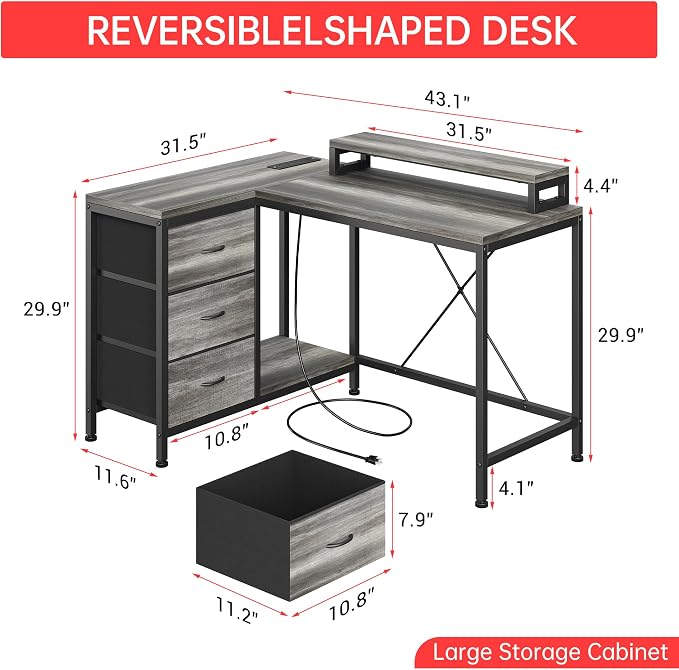 Hetoy L-Shaped Computer Desk with Charging Station – Corner Gaming Desk with LED Lights, Drawers & Storage Shelves for Home Office Use, Oak