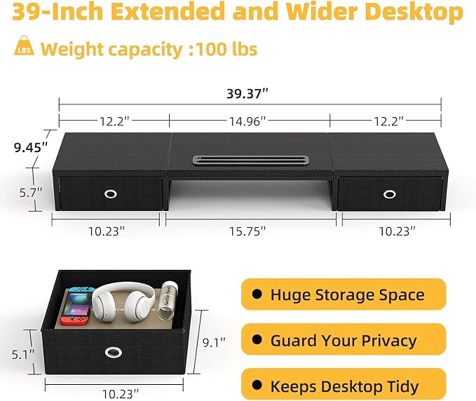 Mexin 39" Dual Monitor Stand Riser with 2 Storage Drawers, Carbon Fiber Computer Desk Organizer for 2 Monitors, Heavy Duty 100 Lbs Desktop Stand with Phone Tablet Holder for Home Office, Black