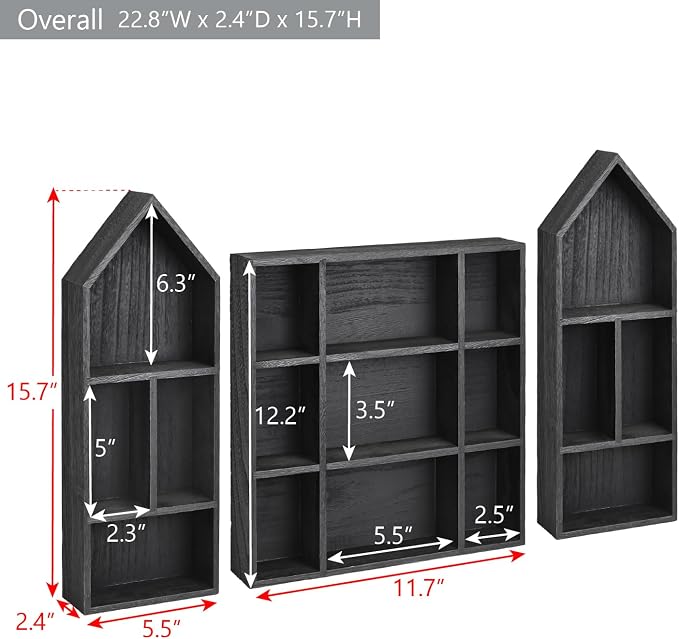Ikee Design 3-Pc Wooden Shadow Box Shelf for Collectibles | 17 compartments Wooden Shadow Cubby Box Display Shelf Organizer Storage Shadow Box for Collectibles, Figures, Black