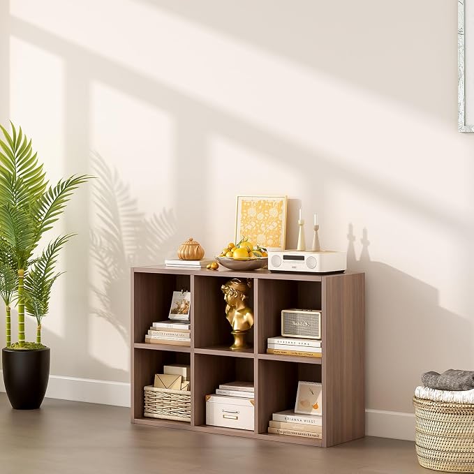 6-Cube Storage Shelf Bookcase, Walnut | Wooden 3-Tier Open Bookshelf, Fits 11×11" Bins, Vertical or Horizontal Use, Full Back Panels, For Home Office