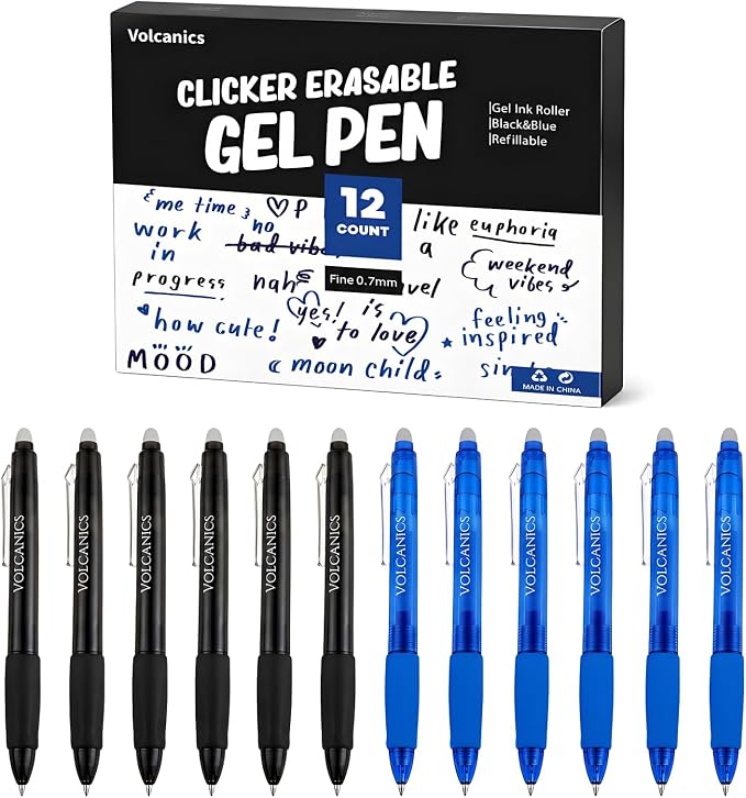Volcanics Retractable Clicker Erasable Gel Pens - 0.7mm Ball Point, Heat Erase with Built-in Eraser, 12 Pack Soft Black and Blue