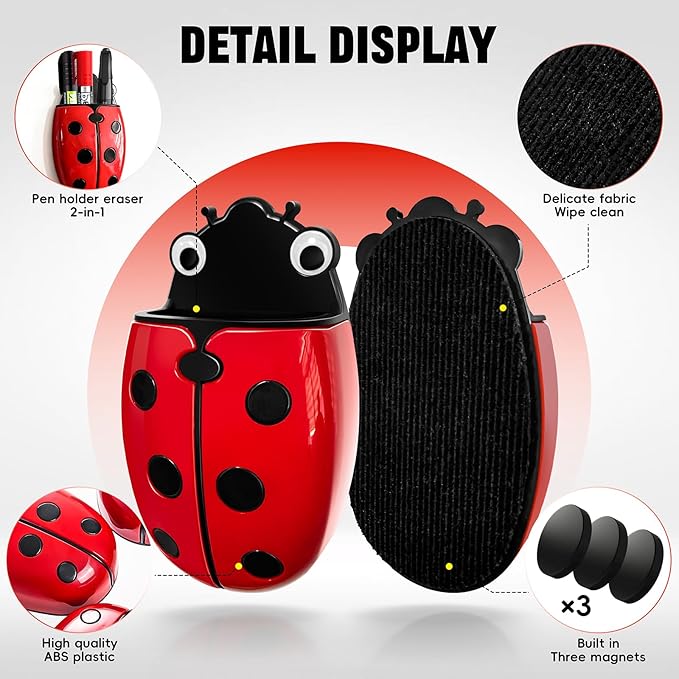 Magnetic Pen Holder for Fridge Whiteboard, 2-in-1 Magnetic Marker Holder Dry Erase Marker Whiteboard Eraser, Cute Ladybug Pencil Cup Desk Organizer for Classroom Office School Home (1-Pack)