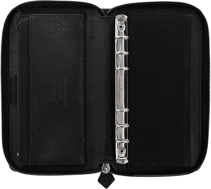 Filofax Saffiano Zip Organizer, Personal Compact Size, Black - Cross-Grain, Leather-Look, Six Rings, Two-Weeks-to-View Insert, English (C028775)