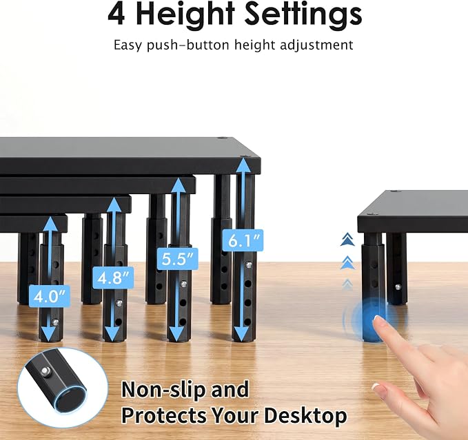 Adjustable Monitor Stand Riser for Desk, Wood Computer & Laptop Stand, Desk Organizers and Accessories, Office Desk Accessories & Workspace Organizer for Home Office Supplies, Black