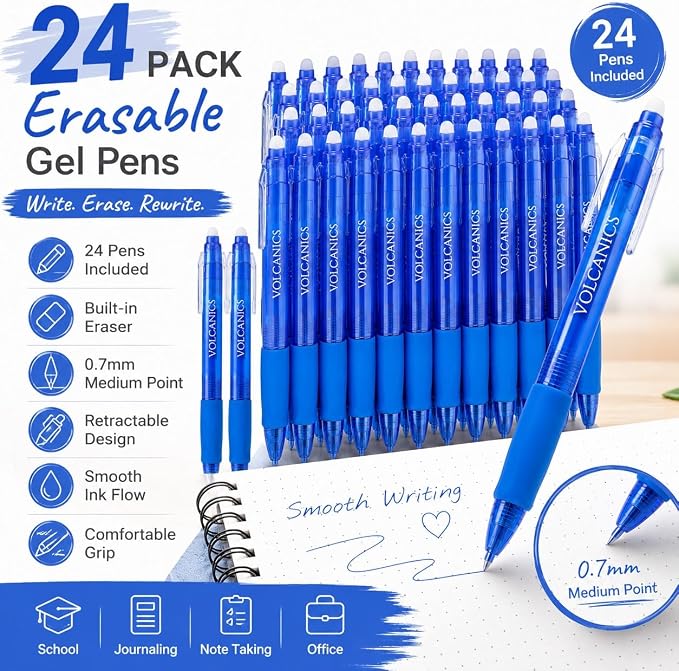 Volcanics Blue Erasable Gel Pens, 0.7mm Retractable, 24 Pack