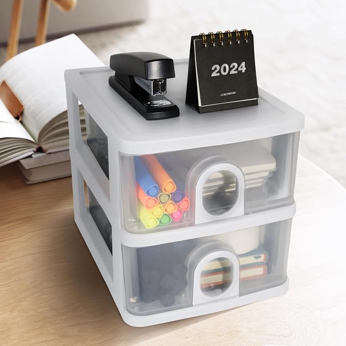 Desktop Storage Drawers, Desk Organizer with Drawers, 2 Drawers Organizing Drawers Clear Small Plastic Storage Drawers for Crafts, Accessories, Stationeries, Office Supplies, Pens (1Pack)