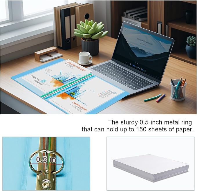 0.5 Inch 3 Ring Binder, Round Ring,with 2 Interior Pockets,Holds 150 Sheets Letter Size Paper,PVC Free, Assorted Colors 6 Pack