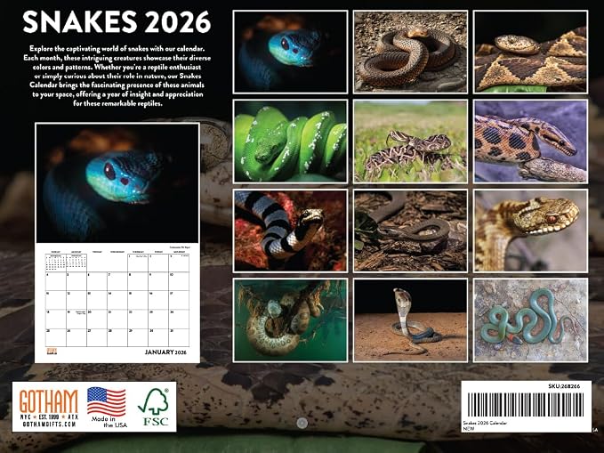 Snake Calendar 2026 Snakes Monthly Wall Calender 12 Month | American Made In The USA