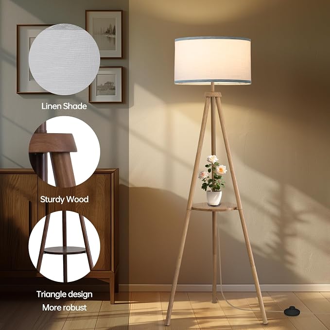 EOEYYOYB Floor Lamp with 3 Light Modes Adjustable– Wood Tripod Floor Lamp Modern LED Standing Lamp with Dimmable Brightness, Perfect for Living Room, Bedroom, and Office, Burlywood