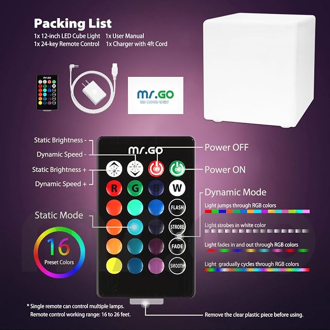 Mr.Go 12-Inch LED Light Cube Stool, RGB Glowing Mood Night Light w/Remote | 16 RGB Color Changing, Multi-use Cube Seat & Side Table, IP65 Waterproof, 8-48H Runtime, for Bedroom Living Room Party Decor