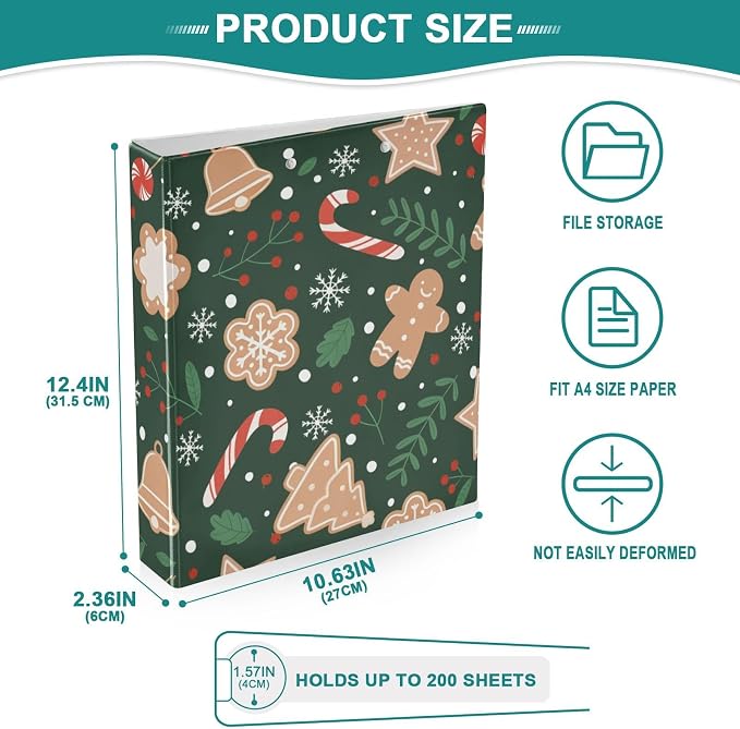 3 Ring Binder Christmas Gingerbread Snowflakes 1.5 inch Binders Three Ring Binders with Clipboard Fit 8.5'' x 11'' Paper 3 Interior PVC Clear Pockets for Office Supplies