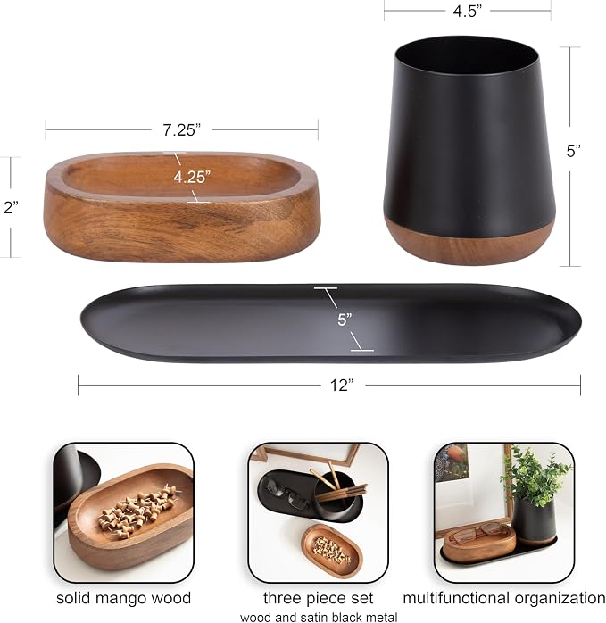 Kate and Laurel Koni Modern Three-Piece Tabletop Organization Set; 12 x 6 x 5; Walnut Brown and Black; Wood and Metal Organizational Set for Home Office or Entryway Decor