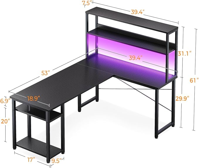 ODK 53 Inch L Shaped Gaming Desk with Hutch & Headphone Hook | Black Corner Computer Table with LED light & Storage Shelves for Home Office