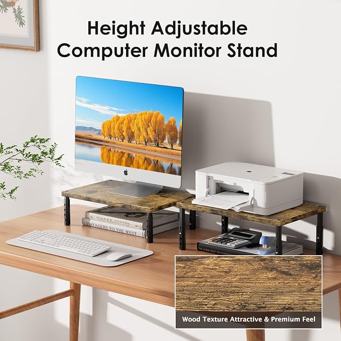 ECOLOVI Adjustable Wood Computer Monitor Stand Riser, Office Desk Organizer and Accessories for Monitor, Laptop, PC, Printer, Office Desk Accessories Workspace Organizer for Home Office Supplies, Brown 2-Pack