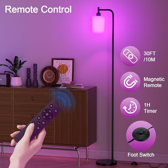 Ziisee RGB Floor Lamps for Living Room, Dimmable Industrial Standing Lamp with Remote Control for Bedroom Office Corner, 3 Colors Temperature, White Glass Shade, 9W RGB LED Bulb