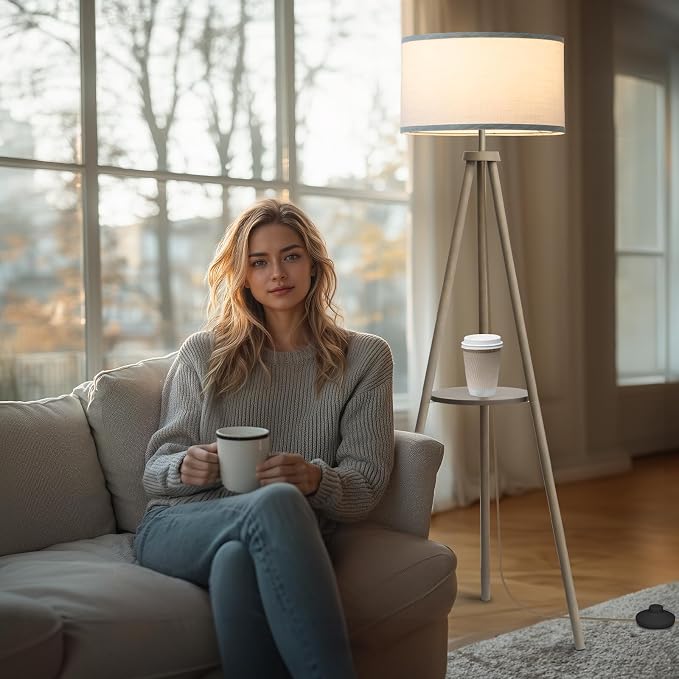 EOEYYOYB Floor Lamps for Living Room, Modern Standing Lamp with Shelf, 3 Color Temperature Led Bulb Tall Lamps with Foot Switch for Bedroom and Office, Grey