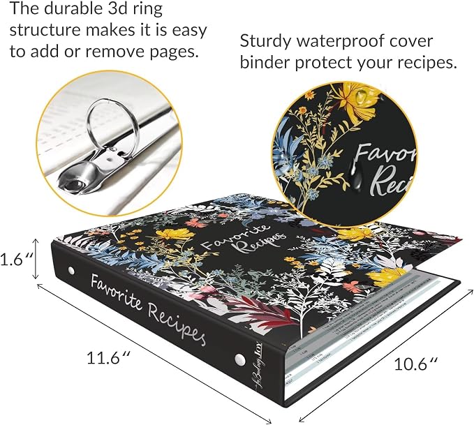 Recipe Binder 8.5x11 3 Ring with Plastic Sleeves, Blank Recipe Book Binder | Waterproof recipe binder 8.5x11 with plastic sleeves, recipe cards and gift box to make your own cookbook(Blossom).