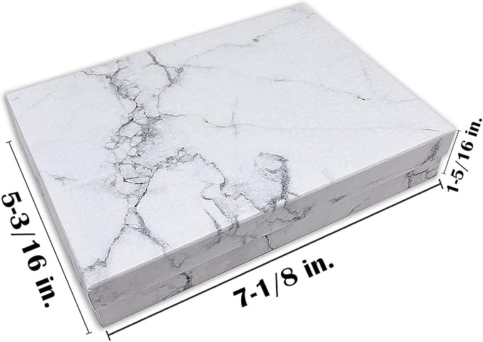 TheDisplayGuys 25 Cardboard Jewelry Gift Boxes with Inserts - Marble White | Size #75 - 7.1" x 5.2" x 1.3", Lids, Cotton Filled Padding, Kraft Paper, Bulk Pack Case, for Shipping, Organizers, Storage
