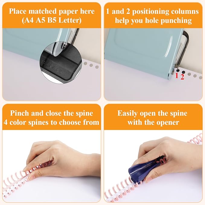 10 Hole Punch Binding Machine for Planners with 10 Multi-Color Binder Rings | 30 Holes on A4, 20 Holes on A5, 26 Holes on B5, 10 Sheet Capacity (Pale Blue)