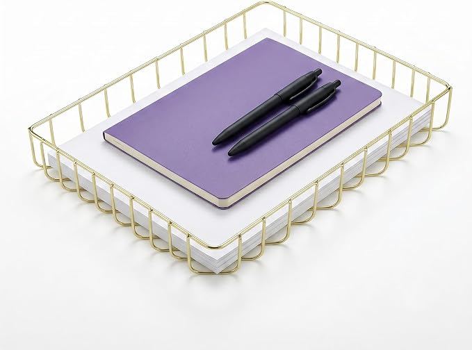 Elegant Wire Desk Tray Organizer - Multipurpose A4 Letter Size File Tray, Premium Metal Mesh Document & Magazine Holder, Luxury Storage Basket for Office, Vanity, & Bathroom, Gold