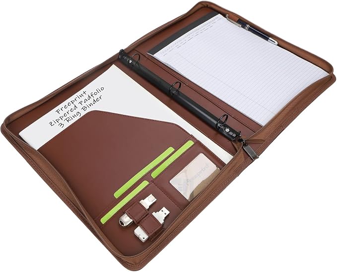 Zippered Portfolio 3 Ring Binder Organizer with Writing Pad Legal Size Letter - PU Leather Padfolio Document Organizer for Interview Business，Brown