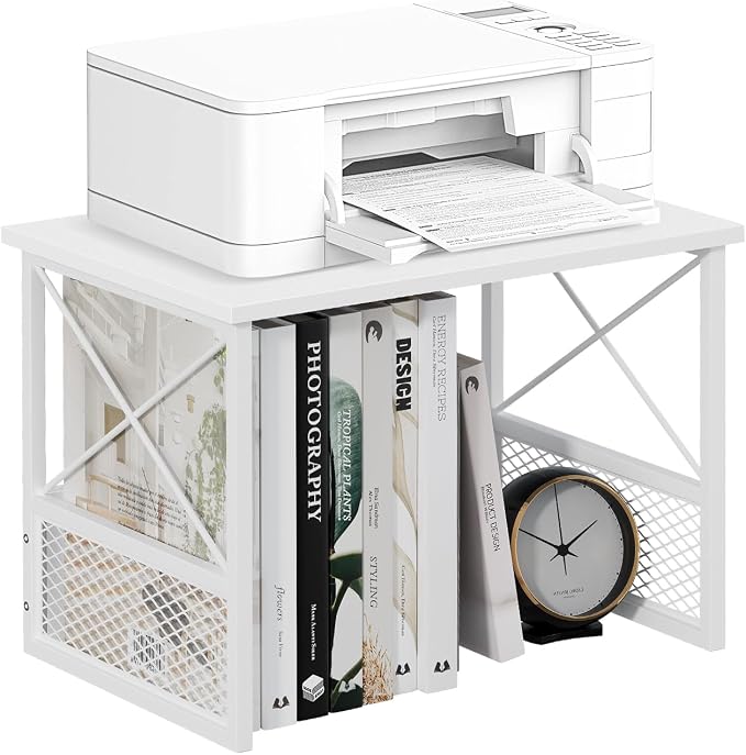 Printer Stand for Desk, Desktop Printer Stand Shelf Organzier for Home Office, for Above and Under Desk, Fax Machine Copier Scanner, White