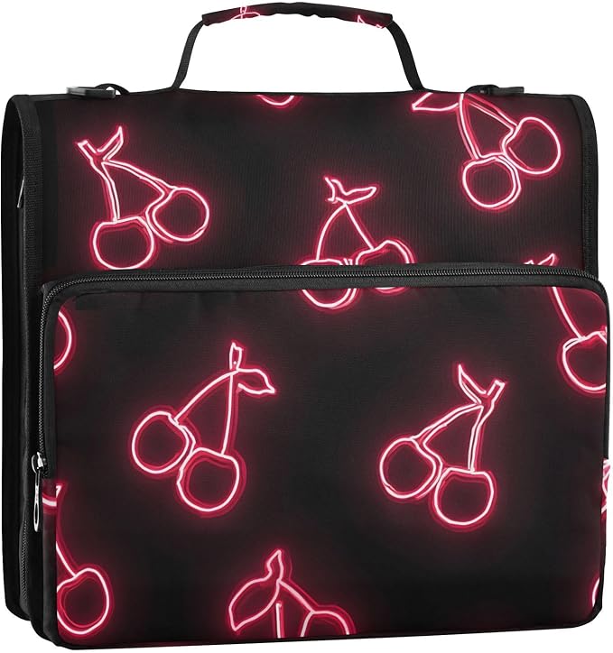 3 D-Ring Zipper Binder Bag, Pink Neon Cherry Pattern Black Removable Binder with Zipper Case Hold 300+ Sheets& 13 Inch Laptop for School Office Supplies Organizer