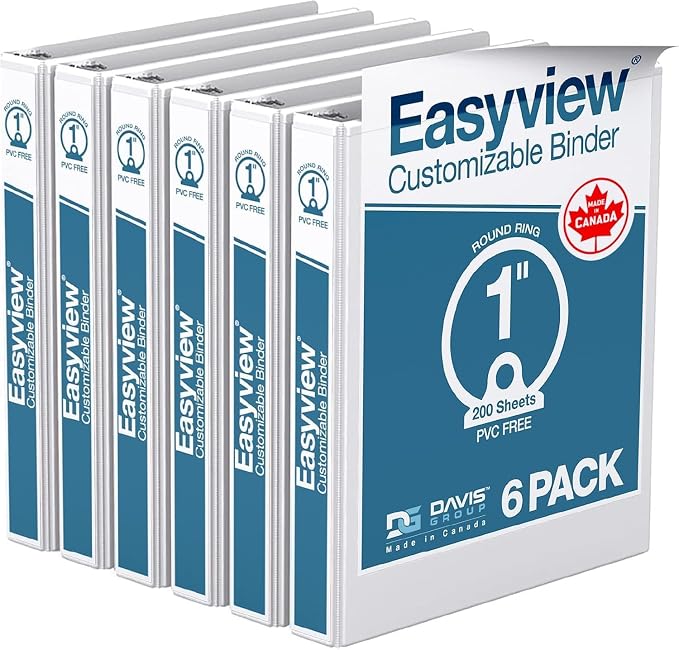 Easyview Premium 3-Ring Binders with Clear-View Covers and Round Rings, Binders for School or Office, 1 Inch, Pack of 6, White