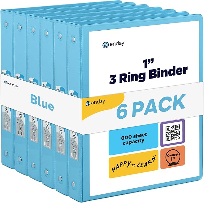 Enday 1 Inch Binder (6 Pack - Blue) 3 Ring Binder 1 inch with Clear View Cover and 2 Inside Pocket - for Letter Size 8.5 x 11'' Paper, Ideal for School Supplies, Office, and Home