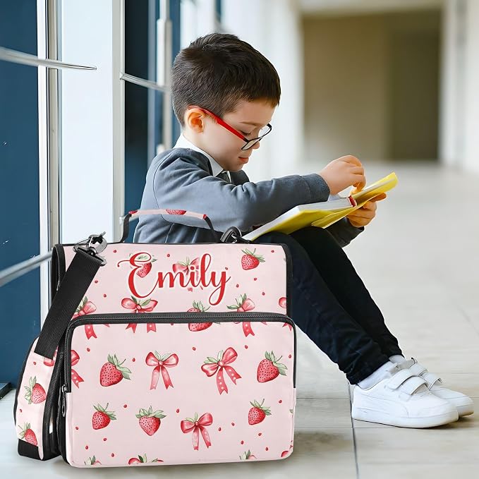 Custom Personalized Name Strawberries Bows Pattern Zipper Binder 3 Ring