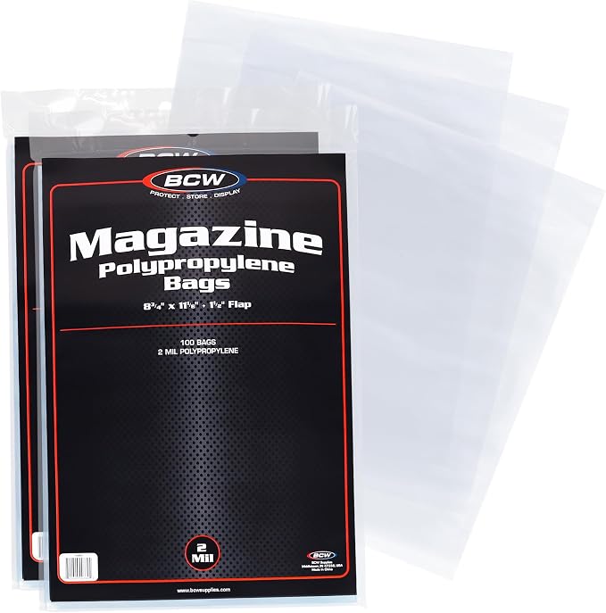 BCW Magazine Bags - 200 Count | Fits Standard 8.5 x 11 Inch Magazines | Acid-Free Polypropylene Magazine Sleeves with Fold-Over Tape Flap | Archival Plastic Magazine Protectors for Collectors