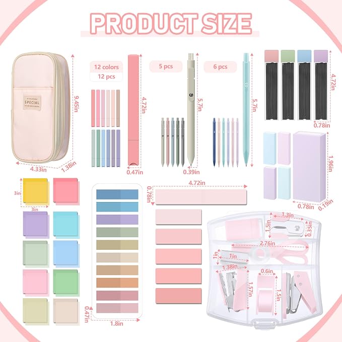 Sinload 60 Pcs Aesthetic Book Annotation Kit School Supplies Cute Pencil Case Mini Stapler Set 12 Highlighter 5 Gel Pen 6 Pencil 5 Magnetic Bookmark 1220 Sticky Note Student Stationary(Pink)