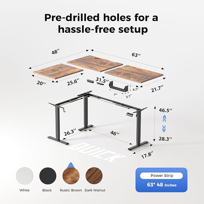 Agilestic 63 x 48 Inch L Shaped Standing Desk with Powerstrip, Rustic Brown | Outlets, Cable Management, Corner Desk, Ample Workspace, Memory Presets, Hooks, Stable Steel Frame,176 lbs, Splice Board